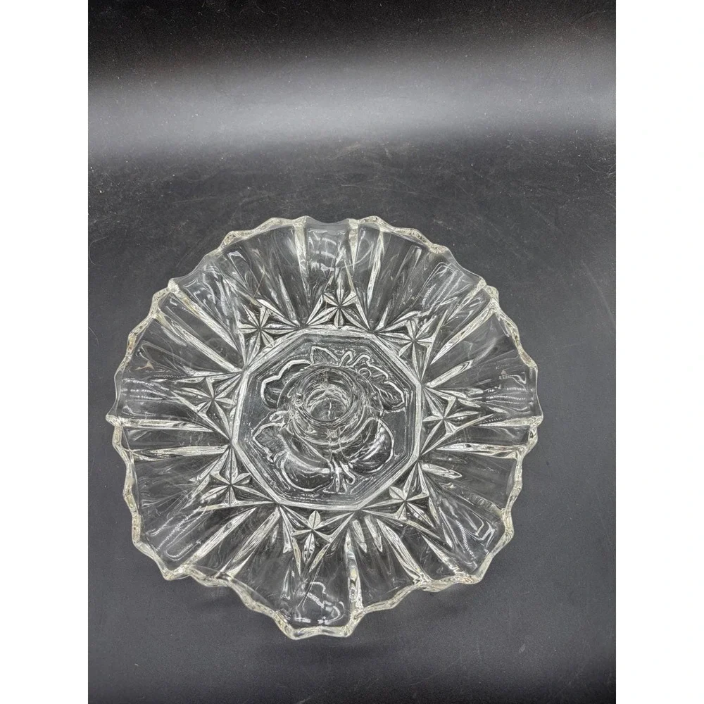Vintage Clear Pressed Glass Ruffled Edge Candlestick Holder‎ Starburst Rose Base